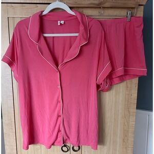 NORDSTROM pjs SET Hot Pink w/ White Piping Top & Shorts Pajamas 2pc LARGE Soft